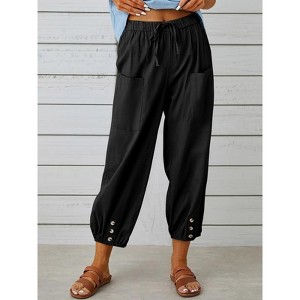 Pants High Waist Drawstring Cinch Bottom with Button Cotton Loose Casual Trouser with Pockets - 1 of 2