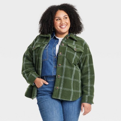 Women's Front Button-Down Shacket - Ava & Viv™ Green Plaid 4X