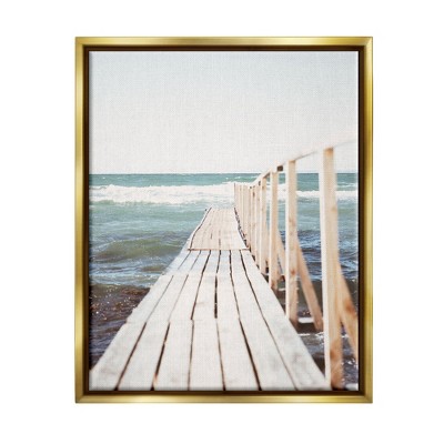 Stupell Industries Waterfront Beach Dock Private Pier Coastal Photography Metallic Gold Framed Floating Canvas Wall Art, 16x20, by Leah Straatsma