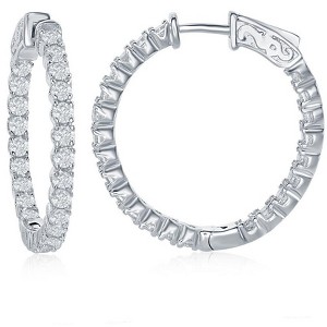 Bella Silver Sterling Silver 3x30mm Inside-Outside CZ Hoop Earrings - Silver - 1 of 2