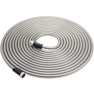 MPM 50ft. Garden Hose Stainless Steel Metal Water Hose Tough and Flexible, Lightweight, Crush Resistant Aluminum Fittings, Kink & Tangle Free, Rust - 1 of 4