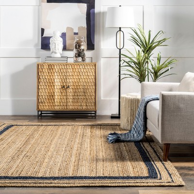 Handmade Natural Jute Area Rug with Navy Border