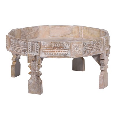Maven Lane Jaya Handmade Heritage Wooden Round Coffee Table in Distressed Natural Finish
