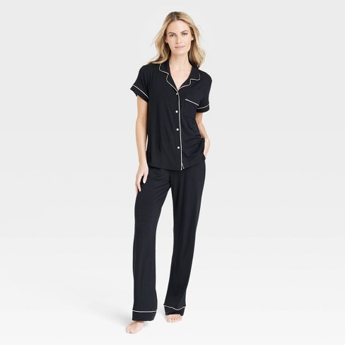 Women s Beautifully Soft Short Sleeve Notch Collar Top and Pants Pajama Set Stars Above Black XS