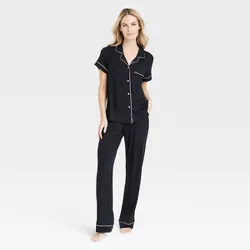 Women's Beautifully Soft Short Sleeve Notch Collar Top and Pants Pajama Set - Stars Above™ Black M