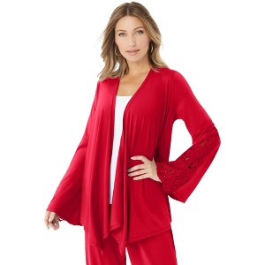 Roaman's Women's Plus Size Lace Trimmed Ultrasmooth Fabric Cardigan - 1 of 3