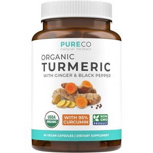 Organic Turmeric With Ginger & Black Pepper Supplement Capsules, Turmeric Curcumin Supplement for Immunity and Healthy Joints, Pure Co, 60ct - 1 of 4