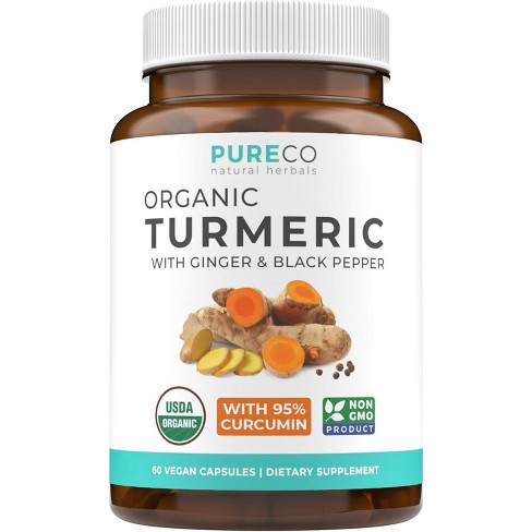 Organic Turmeric With Ginger & Black Pepper Supplement Capsules, Turmeric Curcumin Supplement for Immunity and Healthy Joints, Pure Co, 60ct - image 1 of 4