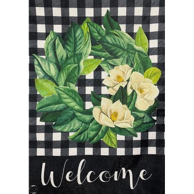 Magnolia Wreath Black and White Burlap Garden Flag 18" x 12.5"