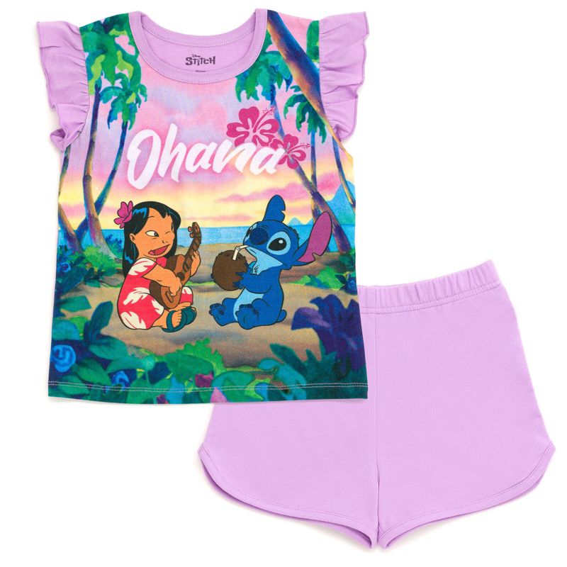 Disney Minnie Mouse Lilo & Stitch Little Mermaid Ariel Floral Girls T-Shirt and French Terry Shorts Outfit Set Little Kid to Big Kid, 1 of 6
