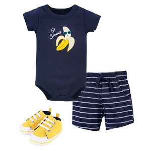 Hudson Baby Infant Boy Cotton Bodysuit, Shorts and Shoe 3pc Set, Go Bananas - 1 of 4