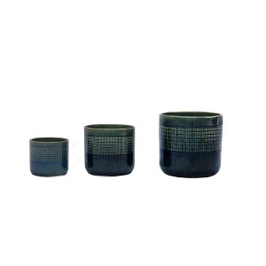 NAYSAYE Planter Set of 3 Grid Ceramic Flowerpot Sleek Glossy Design for Indoor Outdoor Garden, Blue Green, 9.65"*9.65"*9.26" - 1 of 4