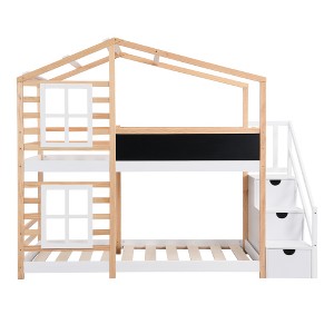 Ridstar 93.3 in. W House-Shaped Twin Bunk Bed Frame with Canopy Window, Chalkboard & Storage Ladder Platform Bed-Natural - 1 of 4