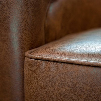 Walnut Faux Leather Swivel Barrel Chair with Metal Base