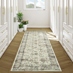 Washable Vintage Rug Floral Print Area Rug Distressed Oriental Rug Low Pile Non Slip Foldable Accent Rug - 1 of 4