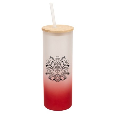 Elanze Designs Love Birds Vintage Floral Damask Wrap-Around Design 25 Ounce Frosted Gradient Glass On-The-Go Coffee Travel Skinny Tumbler Mug Cup,