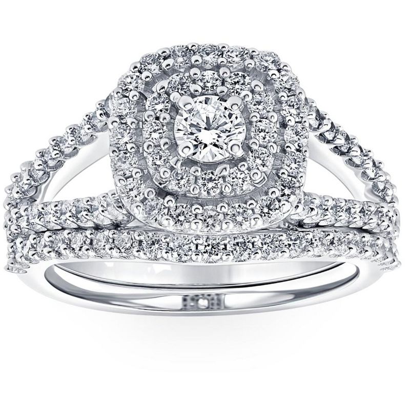 Pompeii3 1 1/10 Ct Lab Created Diamond Cushion Halo Engagement Wedding Ring Set White Gold, 1 of 6