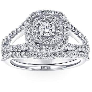 Pompeii3 1Ct Lab Created Diamond Cushion Halo Engagement Wedding Ring Set 10K White Gold