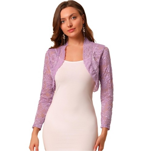 Allegra K Women's Crop Scalloped Hem Floral Lace Sheer Long Sleeve Shrugs  Light Purple X-large : Target