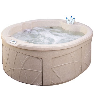 LifeSmart 4-Person Hot Tub, Outdoor Spa with Cover and LED Lights, Circular, Beige - Above-Ground Spa Machine with Accessories for Home and Personal