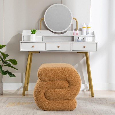 Dressing Table Stool,Modern Teddy Fabric Upholstered Stool Pouf Ottoman S-Shape Stool,Comfy Seat For Makeup Room Bedroom Living Room-Maison Boucle