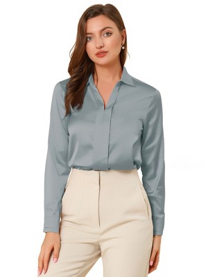 INSPIRE CHIC Women's Elegant V Neck Long Sleeve Office Work Satin Shirt