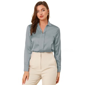 INSPIRE CHIC Women's Elegant V Neck Long Sleeve Office Work Satin Shirt - 1 of 4