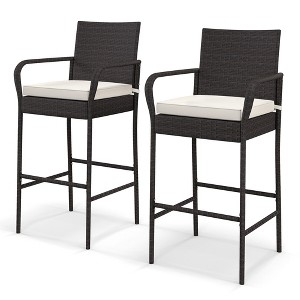 Costway 2PCS Patio PE Wicker Bar Chairs Counter Height Barstools with Armrests &Cushions - 1 of 4