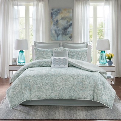 8 Pieces Cozy Comforter Set - Modern Classic Paisley Print Solid Reverse Design All Season Down Alternative Bedding Set, Matching Shams, Bedskirt, Decorative Pillows, Queen / King Lightweight Ultra Soft Bed Set with Royal Decor Style for Bedroom