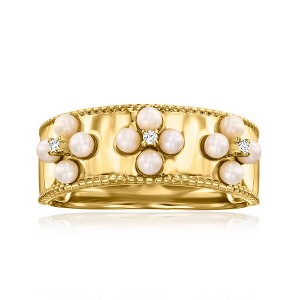 Ross-Simons 2-2.5mm Cultured Pearl Floral Ring With Diamonds in 18kt Gold Over Sterling - 1 of 4