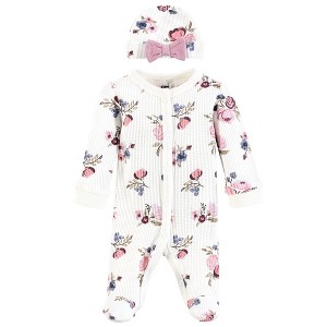 Hudson Baby Girls Thermal Preemie Sleep and Play and Cap Set, Dusty Rose Floral, Preemie - 1 of 2