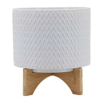 Sagebrook Home Chevron Pattern Round Ceramic Planter Pot with Wooden Stand