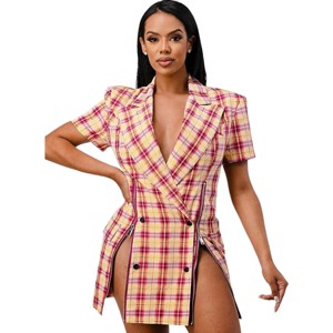 Slickblue Women's Plaid Mini Blazer Dress, Wide Collar, Double Breasted Fit, Side Zipper Trim, Pink, Size S-L - 1 of 4