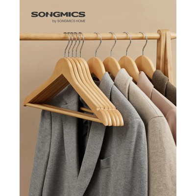 SONGMICS Solid Wood Hangers, 20-Pack Coat Hangers with Shoulder Notches, Pants Bar, 360? Swivel Hook, Non-Slip for Jackets, Shirts, Dresses, Natural