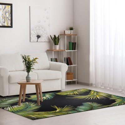 Black and Green Palm Leaf Flatwoven Wool Indoor/Outdoor Rug