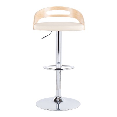 Cassis Adjustable Chrome Swivel Barstool with Natural Wood and Cream Faux Leather - Set of 2
