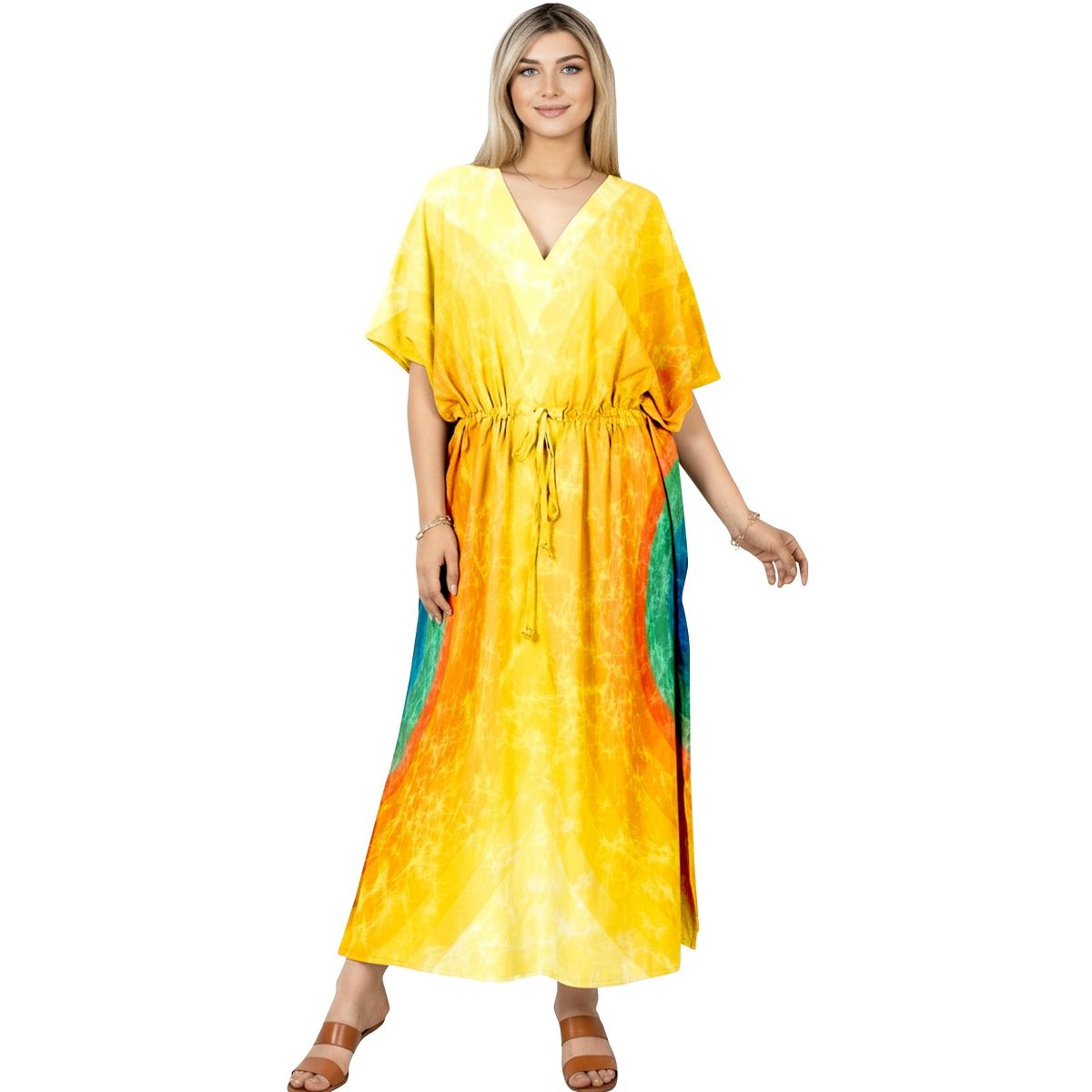 HAPPY BAY Women's Summer Vacation Loungewear Casual Long Kaftan Beach Cover Up Dress Maxi Dresses Caftans for Women One Size Yellow Tie Dye
