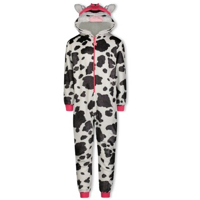 Sleep On It Girls Pretty Cow Leopard Zip-Up Hooded Sleeper Pajama with Built Up 3D Character Hood