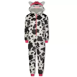 Sleep On It Girls Pretty Cow Leopard Zip-Up Hooded Sleeper Pajama with Built Up 3D Character Hood - White, Size: L 14/16