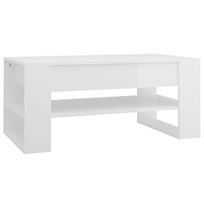 vidaXL Rectangular Coffee Table with Storage Shelf, High-Gloss White Engineered Wood, Dimensions 40.2"x21.7"x17.7" - Assembly Required