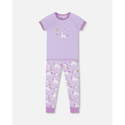 Deux par Deux Girl Organic Cotton Short Sleeve Top and Pant Pajama Set White Unicorn on Mauve
