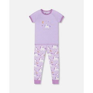 Deux par Deux Girl Organic Cotton Short Sleeve Top and Pant Pajama Set White Unicorn on Mauve - 1 of 3