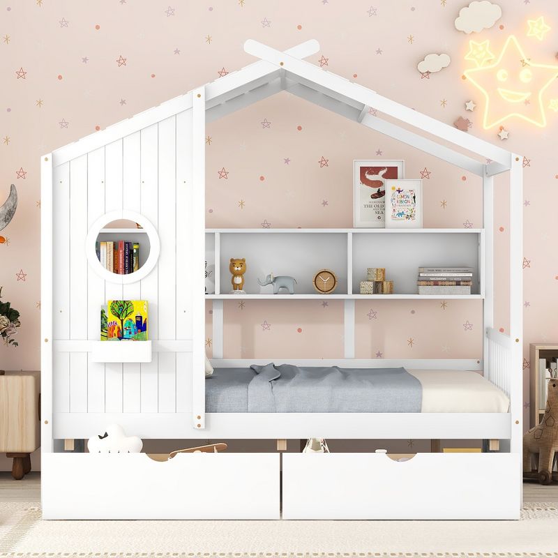 Twin/Full Size Wooden House Bed with 2 Drawers, Kids Bed with Storage Shelf - ModernLuxe, 2 of 12