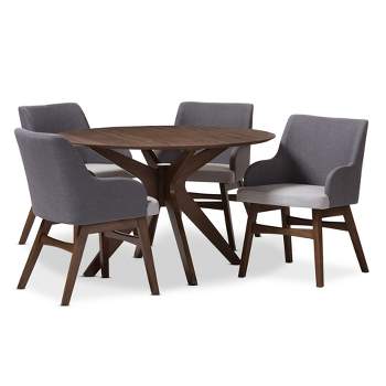 5pc Monte Mid - Century Modern Wood Finish Round Dining Set Gray/Walnut Brown - Baxton Studio