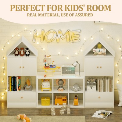 House-Shaped Kids Bookshelf with Open Shelves and Cabinet, Sturdy MDF Organizer for Playroom or Bedroom Storage-3irtyhousy
