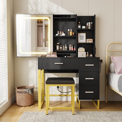 Vanity Desk with Mirror & Lights, Power Outlets, Wood Makeup Table with Chair, Hairdryer Holder
