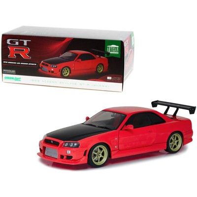 1999 Nissan Skyline GT-R (BNR34) (RHD) Red & Black & Gold Wheels w/Neon LED Light Underglow 1/18 Diecast Model Car by Greenlight