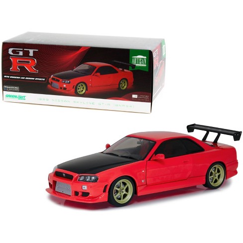 1999 Nissan Skyline GT-R (BNR34) (RHD) Red & Black & Gold Wheels w/Neon LED  Light Underglow 1/18 Diecast Model Car by Greenlight