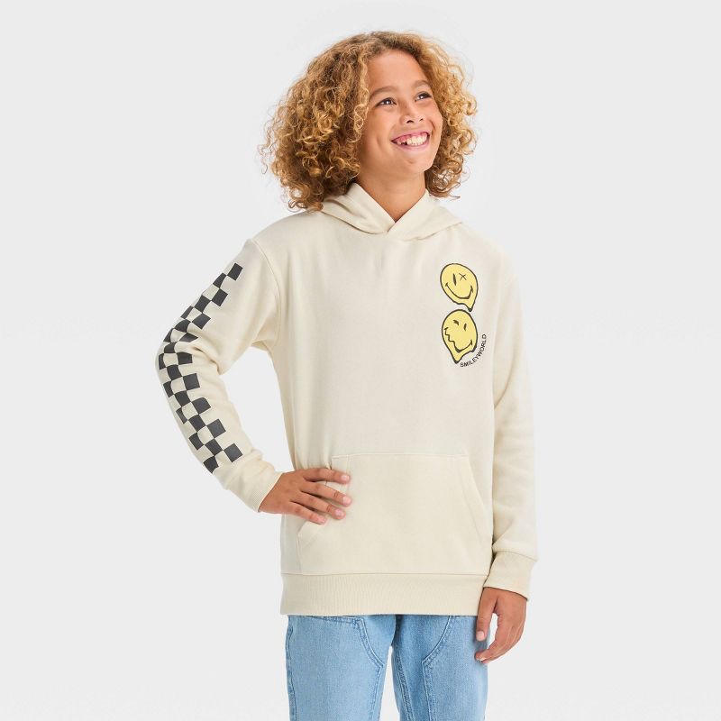 Boys' Smiley Hooded Pullover Sweatshirt - art class™ Off-White, 1 of 5