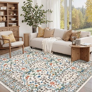 Boho Floral 8x10 Area Rug for Living Room Dining Room Washable Rug for Under Table Non-Slip Stain Resistant Floor Carpet for Bedroom Nursery Playroom - 1 of 4